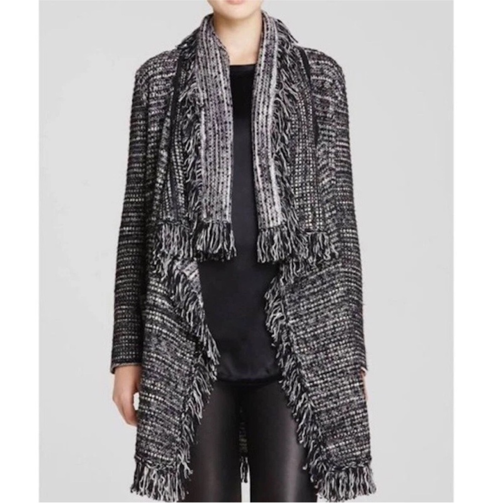 Vince Wool Blend Fringe Cardigan Duster w/Lamb Leather Trim EUC Small